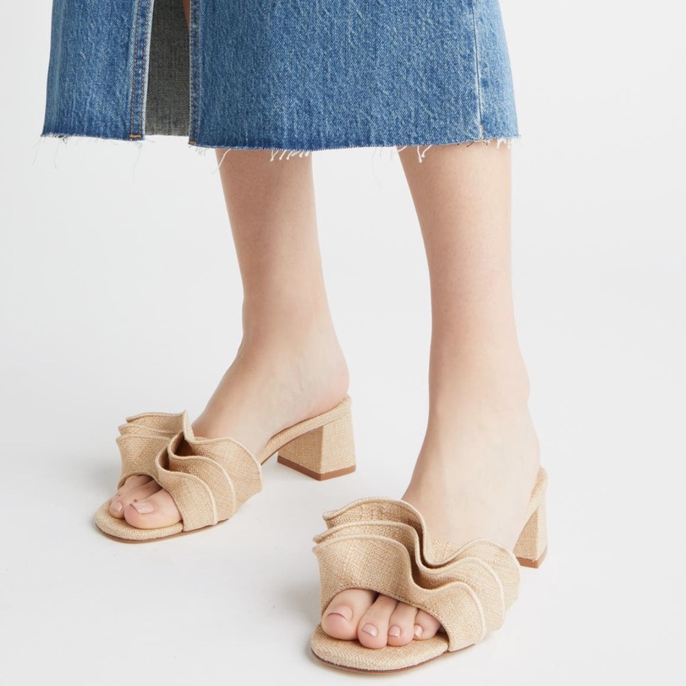 Larroude Ruffled Slide Sandals in Natural Tan - Picture 7 of 7